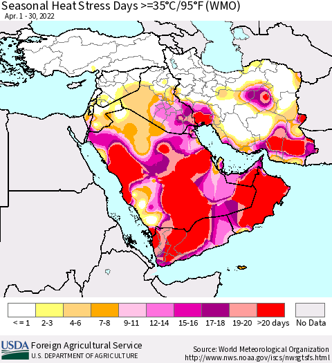 Middle East and Turkey Seasonal Heat Stress Days >=35°C/95°F (WMO) Thematic Map For 4/1/2022 - 4/30/2022