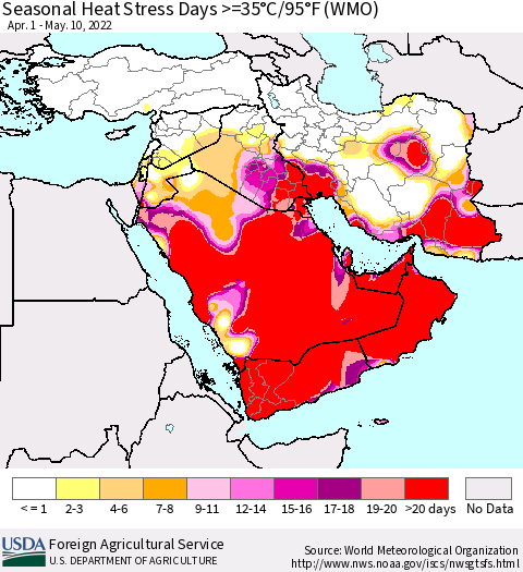 Middle East and Turkey Seasonal Heat Stress Days >=35°C/95°F (WMO) Thematic Map For 4/1/2022 - 5/10/2022