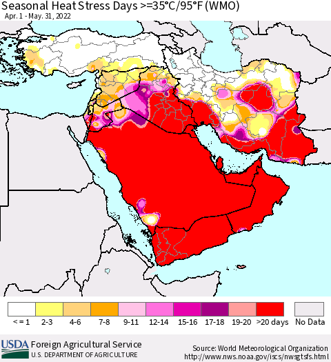 Middle East and Turkey Seasonal Heat Stress Days >=35°C/95°F (WMO) Thematic Map For 4/1/2022 - 5/31/2022