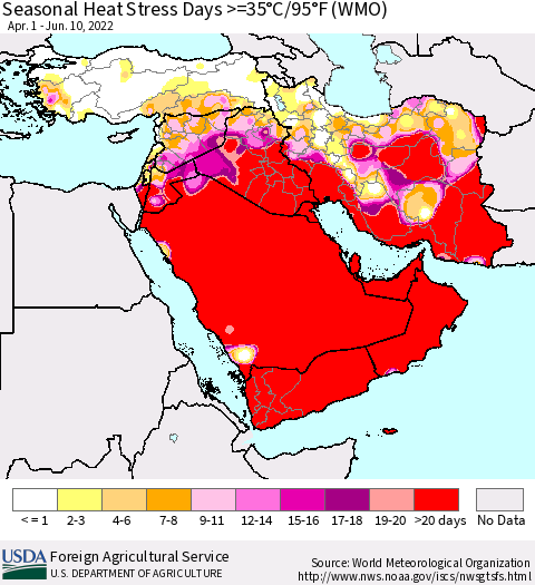 Middle East and Turkey Seasonal Heat Stress Days >=35°C/95°F (WMO) Thematic Map For 4/1/2022 - 6/10/2022
