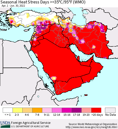 Middle East and Turkey Seasonal Heat Stress Days >=35°C/95°F (WMO) Thematic Map For 4/1/2022 - 6/30/2022