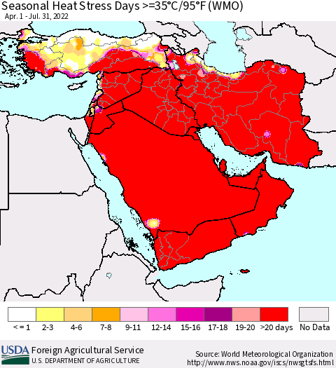 Middle East and Turkey Seasonal Heat Stress Days >=35°C/95°F (WMO) Thematic Map For 4/1/2022 - 7/31/2022