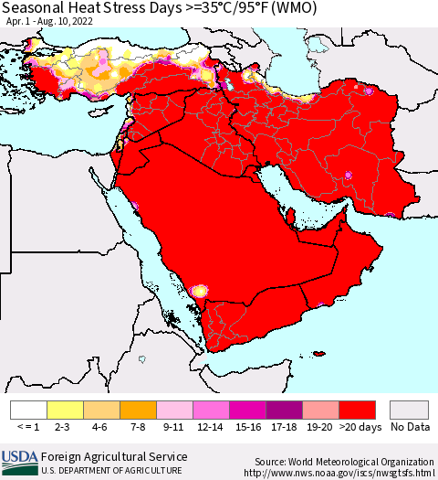 Middle East and Turkey Seasonal Heat Stress Days >=35°C/95°F (WMO) Thematic Map For 4/1/2022 - 8/10/2022