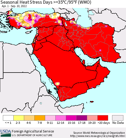 Middle East and Turkey Seasonal Heat Stress Days >=35°C/95°F (WMO) Thematic Map For 4/1/2022 - 9/10/2022