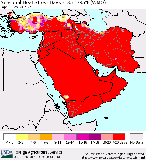 Middle East and Turkey Seasonal Heat Stress Days >=35°C/95°F (WMO) Thematic Map For 4/1/2022 - 9/20/2022
