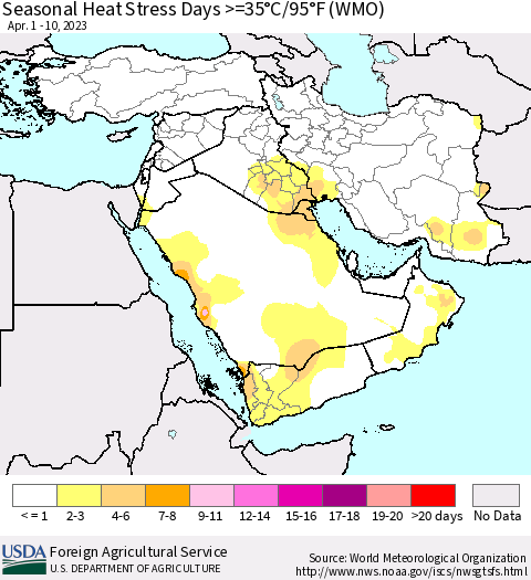 Middle East and Turkey Seasonal Heat Stress Days >=35°C/95°F (WMO) Thematic Map For 4/1/2023 - 4/10/2023