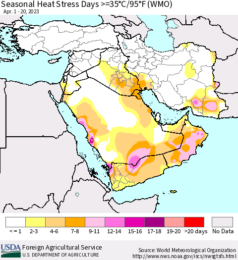 Middle East and Turkey Seasonal Heat Stress Days >=35°C/95°F (WMO) Thematic Map For 4/1/2023 - 4/20/2023