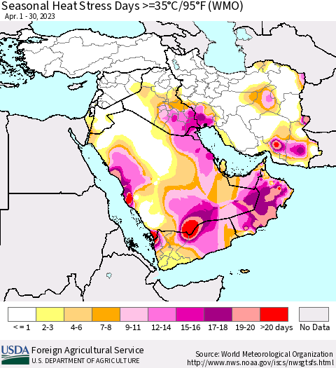 Middle East and Turkey Seasonal Heat Stress Days >=35°C/95°F (WMO) Thematic Map For 4/1/2023 - 4/30/2023