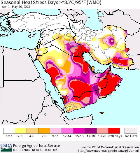 Middle East and Turkey Seasonal Heat Stress Days >=35°C/95°F (WMO) Thematic Map For 4/1/2023 - 5/10/2023