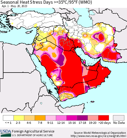 Middle East and Turkey Seasonal Heat Stress Days >=35°C/95°F (WMO) Thematic Map For 4/1/2023 - 5/20/2023