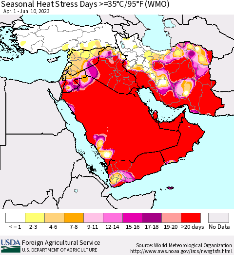 Middle East and Turkey Seasonal Heat Stress Days >=35°C/95°F (WMO) Thematic Map For 4/1/2023 - 6/10/2023