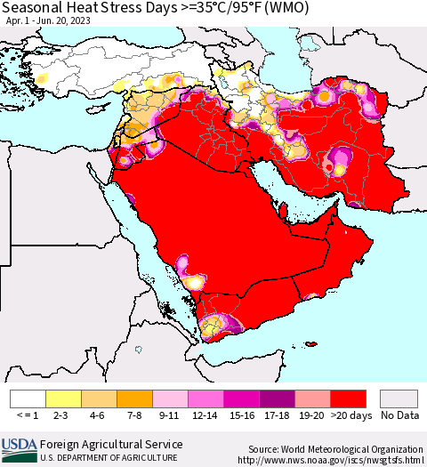 Middle East and Turkey Seasonal Heat Stress Days >=35°C/95°F (WMO) Thematic Map For 4/1/2023 - 6/20/2023