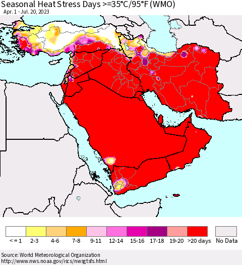 Middle East and Turkey Seasonal Heat Stress Days >=35°C/95°F (WMO) Thematic Map For 4/1/2023 - 7/20/2023