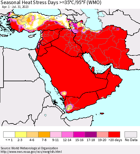 Middle East and Turkey Seasonal Heat Stress Days >=35°C/95°F (WMO) Thematic Map For 4/1/2023 - 7/31/2023