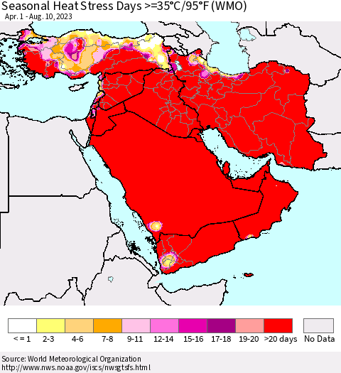 Middle East and Turkey Seasonal Heat Stress Days >=35°C/95°F (WMO) Thematic Map For 4/1/2023 - 8/10/2023