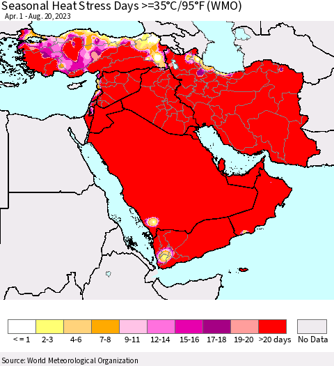 Middle East and Turkey Seasonal Heat Stress Days >=35°C/95°F (WMO) Thematic Map For 4/1/2023 - 8/20/2023
