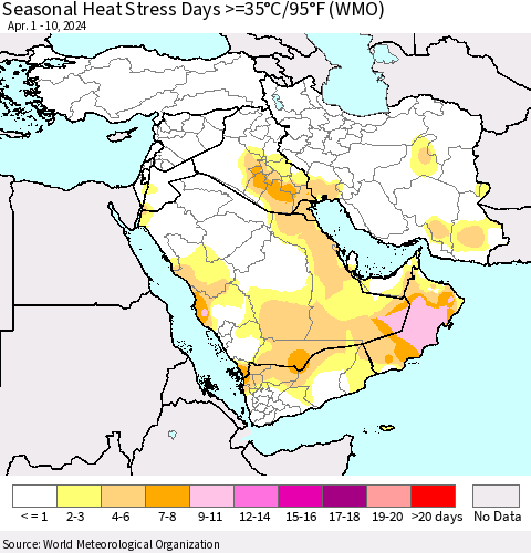 Middle East and Turkey Seasonal Heat Stress Days >=35°C/95°F (WMO) Thematic Map For 4/1/2024 - 4/10/2024