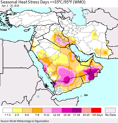Middle East and Turkey Seasonal Heat Stress Days >=35°C/95°F (WMO) Thematic Map For 4/1/2024 - 4/20/2024