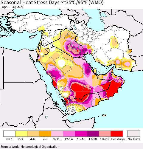 Middle East and Turkey Seasonal Heat Stress Days >=35°C/95°F (WMO) Thematic Map For 4/1/2024 - 4/30/2024