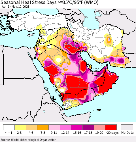 Middle East and Turkey Seasonal Heat Stress Days >=35°C/95°F (WMO) Thematic Map For 4/1/2024 - 5/10/2024