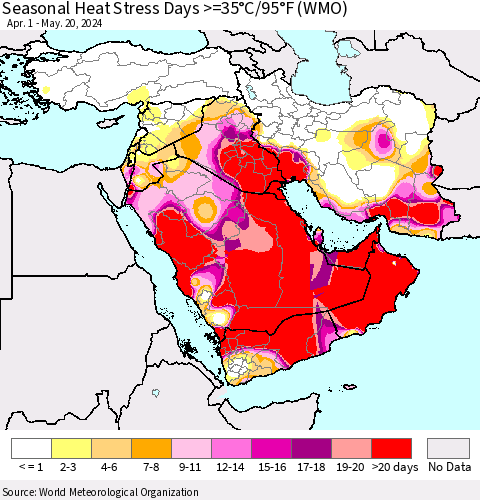 Middle East and Turkey Seasonal Heat Stress Days >=35°C/95°F (WMO) Thematic Map For 4/1/2024 - 5/20/2024