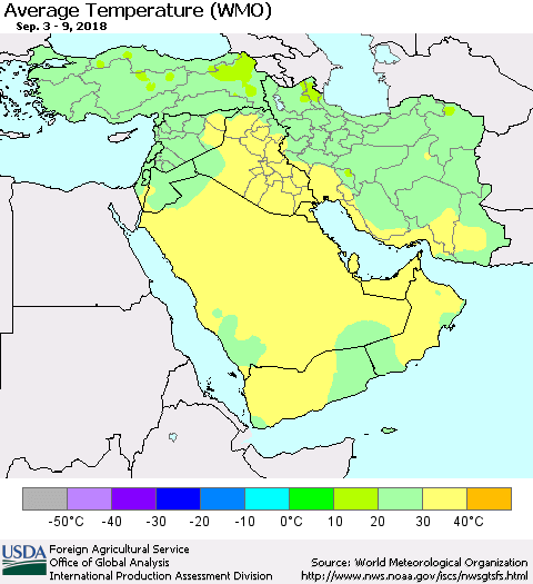 Middle East and Turkey Average Temperature (WMO) Thematic Map For 9/3/2018 - 9/9/2018
