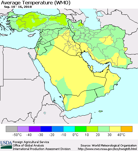 Middle East and Turkey Average Temperature (WMO) Thematic Map For 9/10/2018 - 9/16/2018