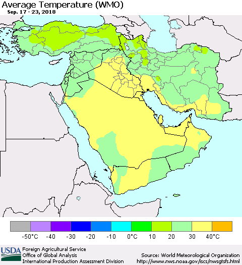 Middle East and Turkey Average Temperature (WMO) Thematic Map For 9/17/2018 - 9/23/2018