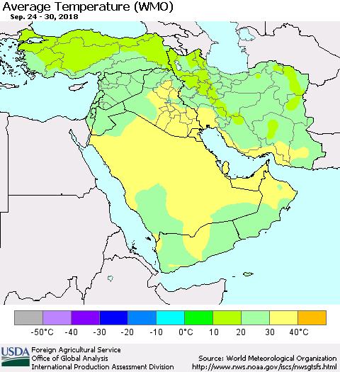 Middle East and Turkey Average Temperature (WMO) Thematic Map For 9/24/2018 - 9/30/2018