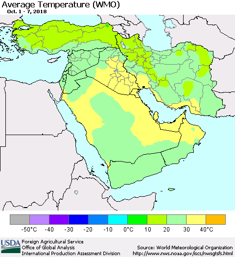 Middle East and Turkey Average Temperature (WMO) Thematic Map For 10/1/2018 - 10/7/2018