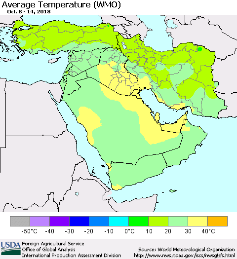 Middle East and Turkey Average Temperature (WMO) Thematic Map For 10/8/2018 - 10/14/2018