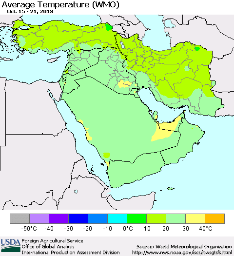 Middle East and Turkey Average Temperature (WMO) Thematic Map For 10/15/2018 - 10/21/2018