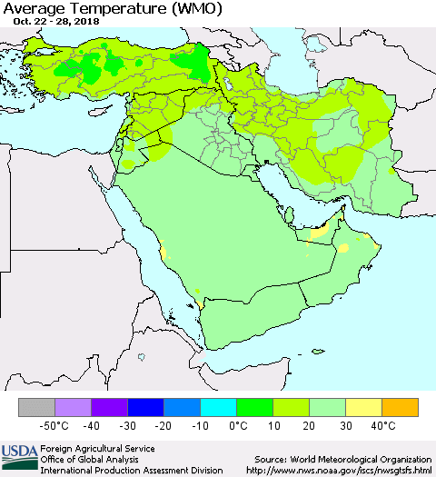 Middle East and Turkey Average Temperature (WMO) Thematic Map For 10/22/2018 - 10/28/2018