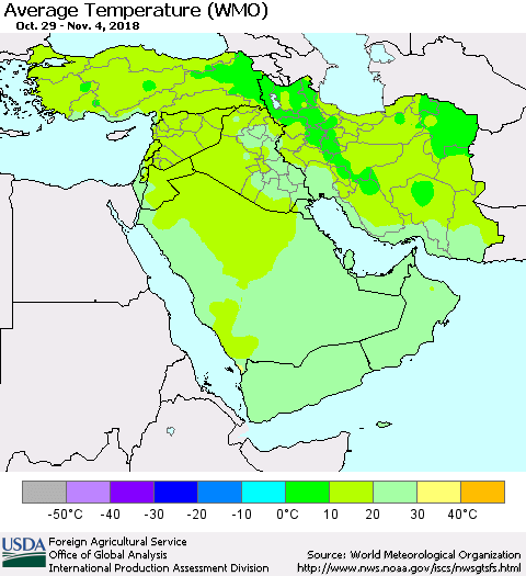 Middle East and Turkey Average Temperature (WMO) Thematic Map For 10/29/2018 - 11/4/2018