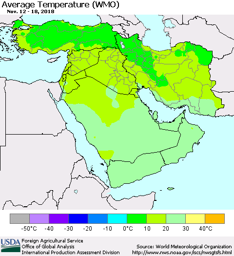 Middle East and Turkey Average Temperature (WMO) Thematic Map For 11/12/2018 - 11/18/2018