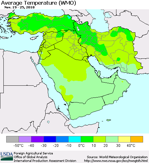 Middle East and Turkey Average Temperature (WMO) Thematic Map For 11/19/2018 - 11/25/2018