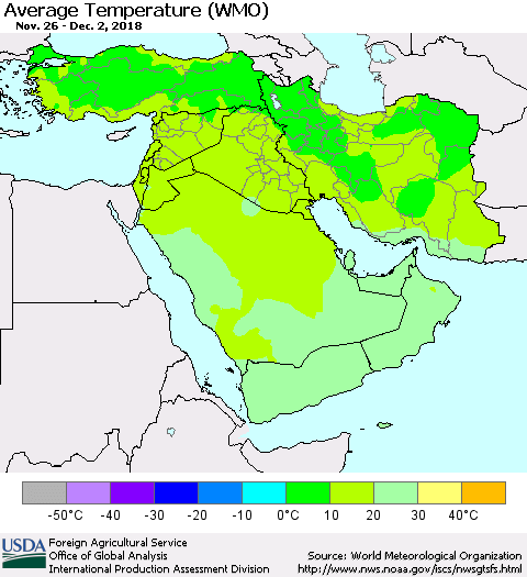 Middle East and Turkey Average Temperature (WMO) Thematic Map For 11/26/2018 - 12/2/2018