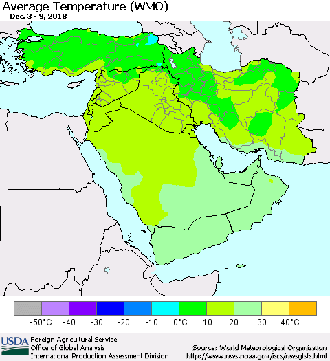 Middle East and Turkey Average Temperature (WMO) Thematic Map For 12/3/2018 - 12/9/2018
