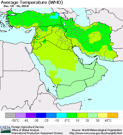 Middle East and Turkey Average Temperature (WMO) Thematic Map For 12/10/2018 - 12/16/2018