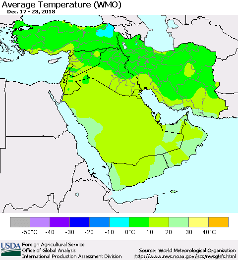 Middle East and Turkey Average Temperature (WMO) Thematic Map For 12/17/2018 - 12/23/2018