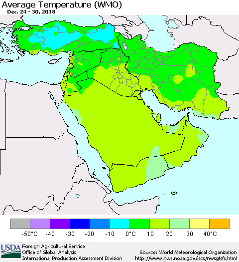 Middle East and Turkey Average Temperature (WMO) Thematic Map For 12/24/2018 - 12/30/2018