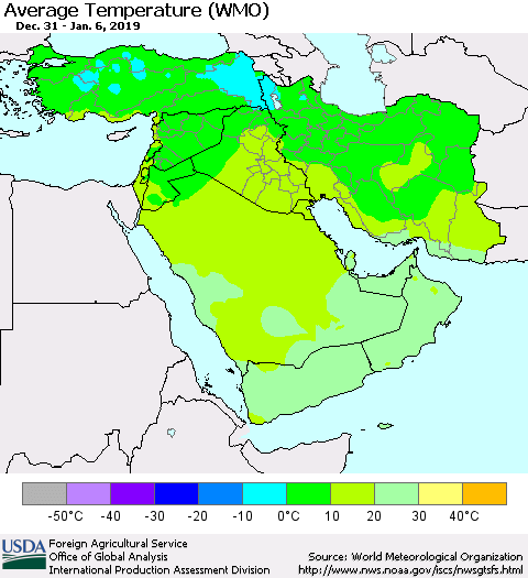 Middle East and Turkey Average Temperature (WMO) Thematic Map For 12/31/2018 - 1/6/2019