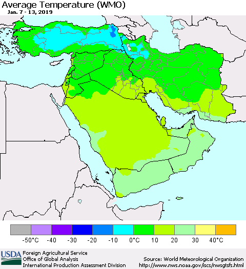 Middle East and Turkey Average Temperature (WMO) Thematic Map For 1/7/2019 - 1/13/2019