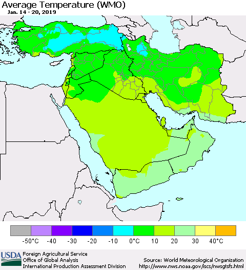 Middle East and Turkey Average Temperature (WMO) Thematic Map For 1/14/2019 - 1/20/2019