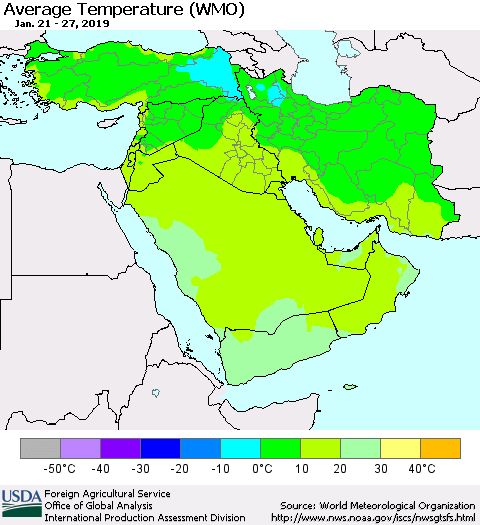 Middle East and Turkey Average Temperature (WMO) Thematic Map For 1/21/2019 - 1/27/2019