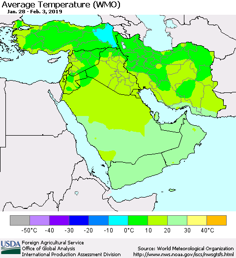 Middle East and Turkey Average Temperature (WMO) Thematic Map For 1/28/2019 - 2/3/2019
