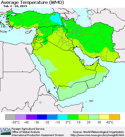 Middle East and Turkey Average Temperature (WMO) Thematic Map For 2/4/2019 - 2/10/2019