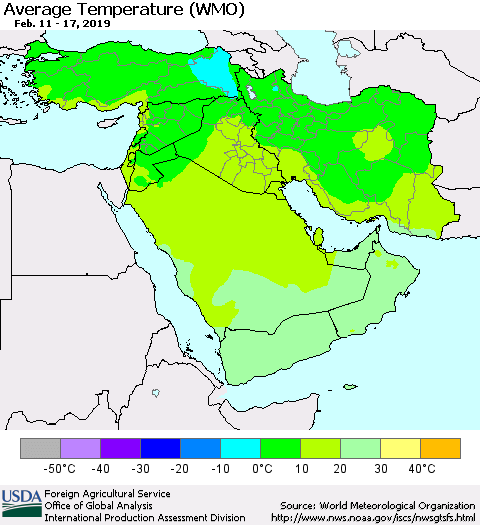 Middle East and Turkey Average Temperature (WMO) Thematic Map For 2/11/2019 - 2/17/2019