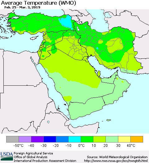 Middle East and Turkey Average Temperature (WMO) Thematic Map For 2/25/2019 - 3/3/2019