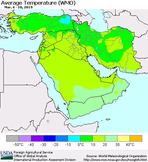 Middle East and Turkey Average Temperature (WMO) Thematic Map For 3/4/2019 - 3/10/2019